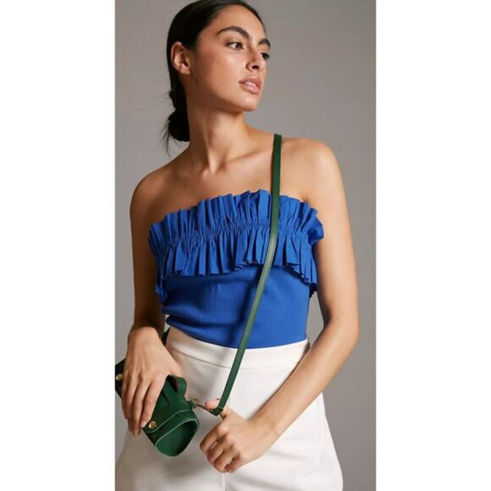 Anthropologie Maeve Blue RIbbed‎ Strapless Ruffle Top